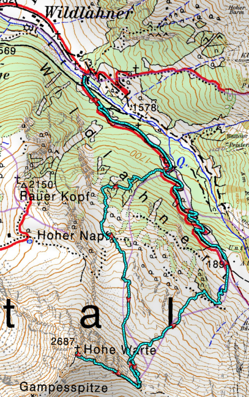 Unser Anstieg zur Hohen Warte, abgefahren sind wir direkt ins Wildlahnertal © Alpenvereinskarten