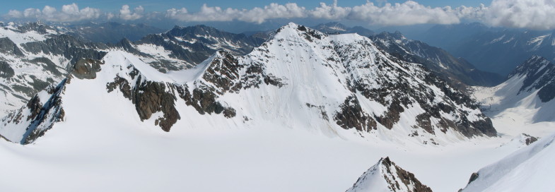 Blick retour von der Ruderhofspitze zur Westlichen und Östlichen Seespitze..Abgestiegen sind wir in Falllinie vom Gipfel