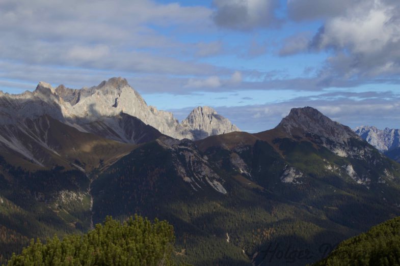 Nochmals der Ofelekopf und die Gehrenspitze im Vordergrund, links die Leutascher Dreitorspitze